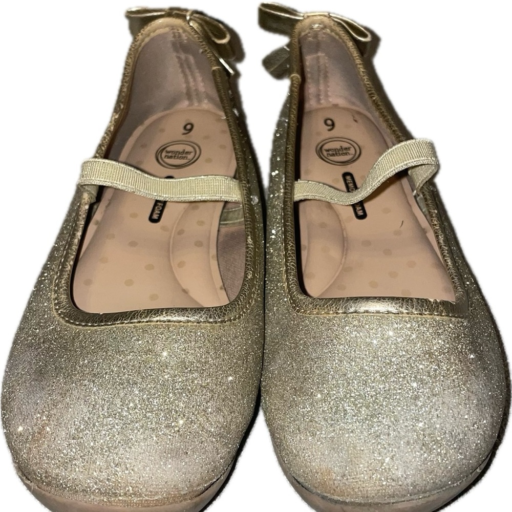 Wonder Nation Gold Glitter Ballet Flats Mary Jane Shoes w/ Bow Back Girls Size 9